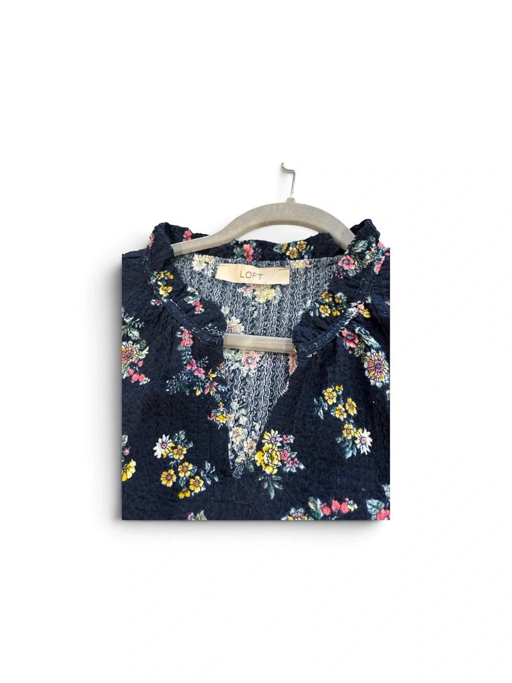 Loft Navy Floral Puff-Sleeve Top